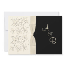 PRINTED RIBBON Ivory Black Monogram Wedding Invite