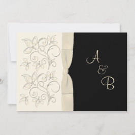 PRINTED RIBBON Ivory Black Monogram Wedding Invite Kaart