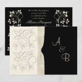 PRINTED RIBBON Ivory Black Monogram Wedding Invite Kaart (Voorkant / Achterkant)