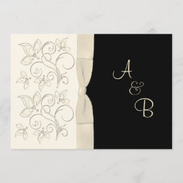 PRINTED RIBBON Ivory Black Monogram Wedding Invite Kaart