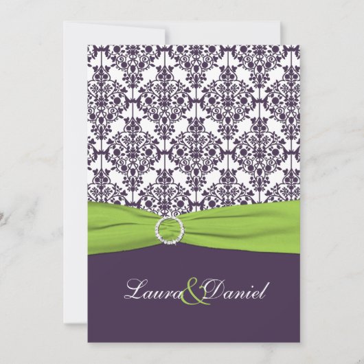 PRINTED RIBBON Limoen, Paarse Damask Wedding Invit Kaart (Voorkant)