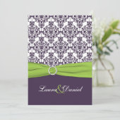 PRINTED RIBBON Limoen, Paarse Damask Wedding Invit Kaart (Staand voorkant)