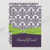 PRINTED RIBBON Limoen, Paarse Damask Wedding Invit Kaart (Voorkant / Achterkant)