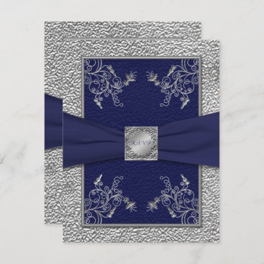 PRINTED RIBBON Navy and Pewter RSVP Card (Voorkant / Achterkant)