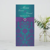PRINTED RIBBON Paars, Blauwgroen bruiloft Menu Kaa (Staand voorkant)