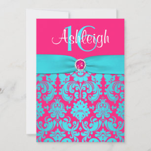 PRINTED RIBBON Pink, Aqua 16th Birthday Invite Kaart