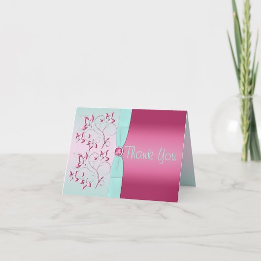 PRINTED RIBBON Pink, Aqua Floral Hartelijk dank Ka Bedankkaart (Voorkant)