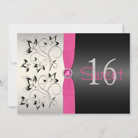 PRINTED RIBBON Pink, Black Floral Sweet 16 Invite Kaart (Voorkant)