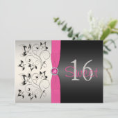PRINTED RIBBON Pink, Black Floral Sweet 16 Invite Kaart (Staand voorkant)