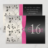 PRINTED RIBBON Pink, Black Floral Sweet 16 Invite Kaart (Voorkant / Achterkant)