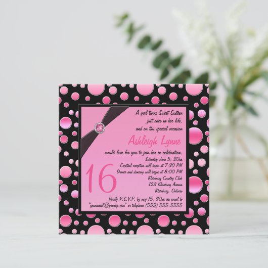 PRINTED RIBBON Pink, Black Stippen Sweet 16 Invite Kaart (Staand voorkant)