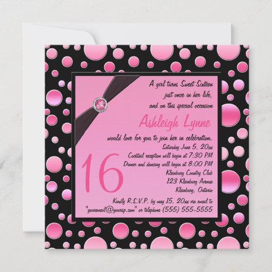 PRINTED RIBBON Pink, Black Stippen Sweet 16 Invite Kaart (Voorkant)