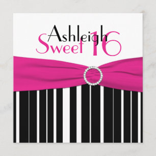 PRINTED RIBBON Pink, Black, White Sweet 16 Invite Kaart