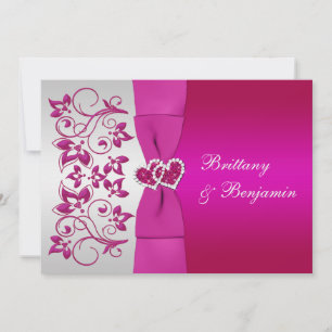 PRINTED RIBBON Pink, Silver Floral Wedding Invite Kaart