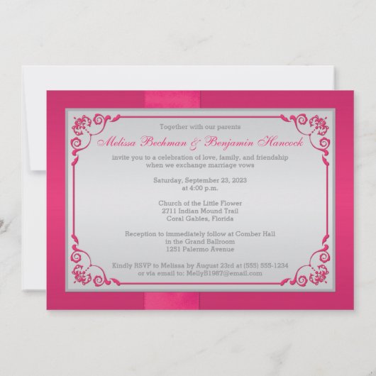 PRINTED RIBBON Pink, Silver Floral Wedding Invite Kaart (Achterkant)