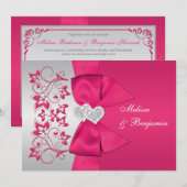 PRINTED RIBBON Pink, Silver Floral Wedding Invite Kaart (Voorkant / Achterkant)