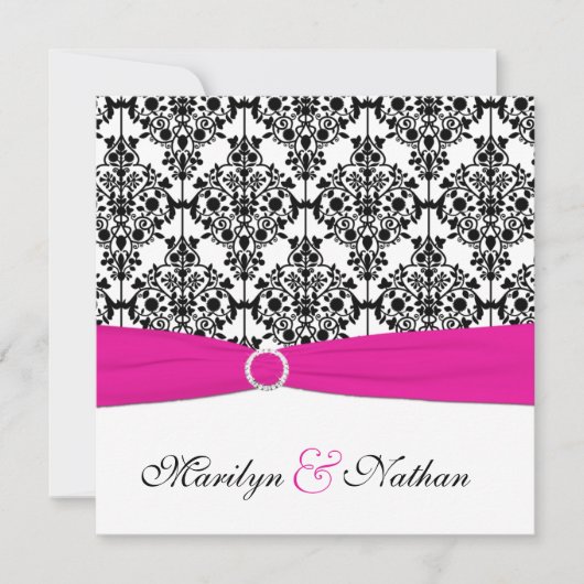 PRINTED RIBBON Pink White Black Damask Wedding Kaart (Voorkant)