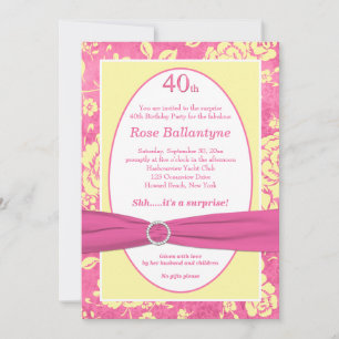 PRINTED RIBBON Pink Yellow 40th Birthday Invite Kaart