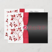 PRINTED RIBBON Red, Black, White Floral RSVP Card (Voorkant / Achterkant)