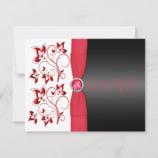 PRINTED RIBBON Red, Black, White Floral RSVP Card Kaartje (Voorkant)