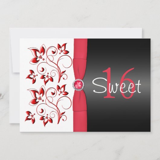 PRINTED RIBBON Red, Black, White Sweet 16 Invite Kaart (Voorkant)