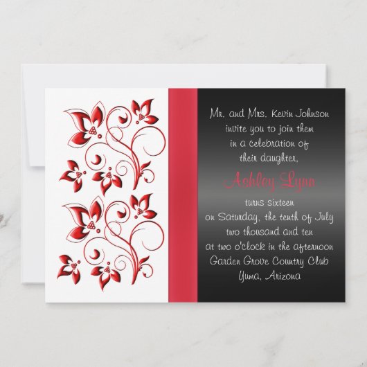 PRINTED RIBBON Red, Black, White Sweet 16 Invite Kaart (Achterkant)