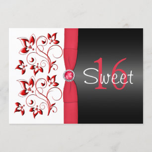 PRINTED RIBBON Red, Black, White Sweet 16 Invite Kaart
