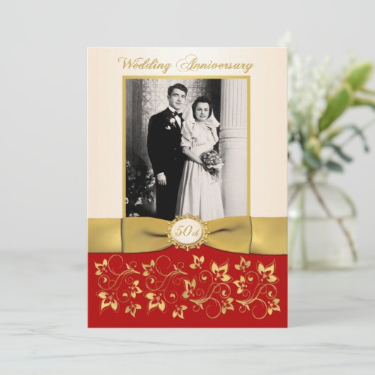 PRINTED RIBBON Red, Ivory 50th Jubileum Invite Kaart (Staand voorkant)