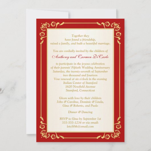 PRINTED RIBBON Red, Ivory 50th Jubileum Invite Kaart (Achterkant)