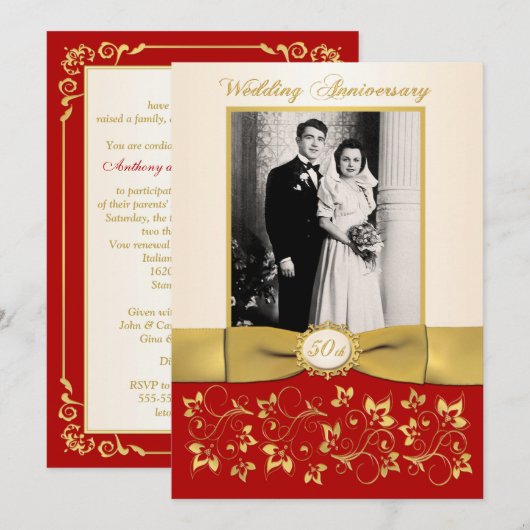 PRINTED RIBBON Red, Ivory 50th Jubileum Invite Kaart (Voorkant / Achterkant)