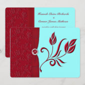 PRINTED RIBBON Ruby Red & Aqua Wedding Invite Kaart (Voorkant / Achterkant)