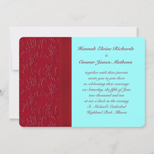 PRINTED RIBBON Ruby Red & Aqua Wedding Invite Kaart (Achterkant)