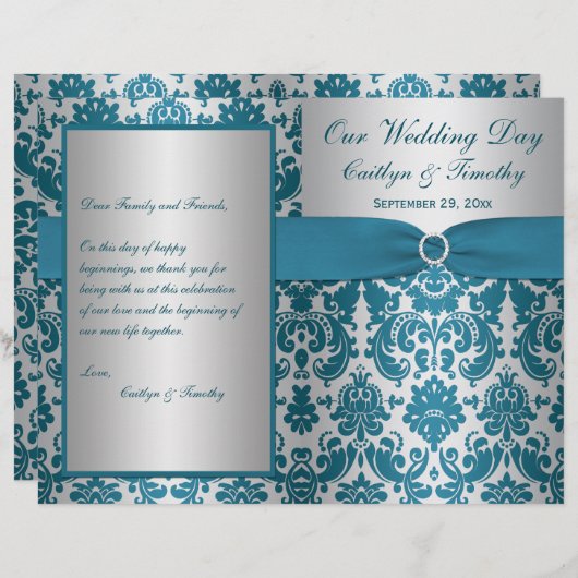 PRINTED RIBBON Silver, Blauwgroen Damask Wedding P (Voorkant / Achterkant)