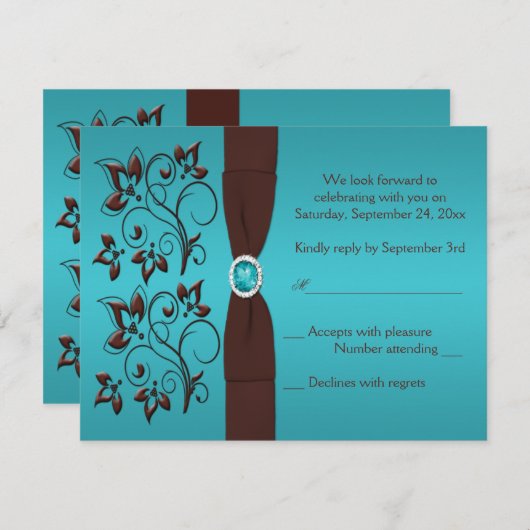 PRINTED RIBBON Turquoise, Brown Reply Card II RSVP Kaartje (Voorkant / Achterkant)