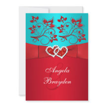 PRINTED RIBBON Turquoise Red Floral Wedding Invite