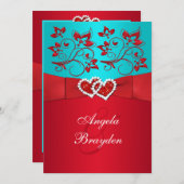 PRINTED RIBBON Turquoise Red Floral Wedding Invite Kaart (Voorkant / Achterkant)