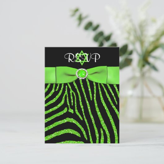 PRINTED RIBBON Zebra, Limoen FAUX Glitter RSVP-kaa Kaart (Staand voorkant)