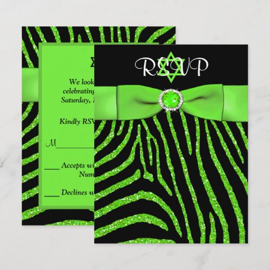 PRINTED RIBBON Zebra, Limoen FAUX Glitter RSVP-kaa Kaart (Voorkant / Achterkant)