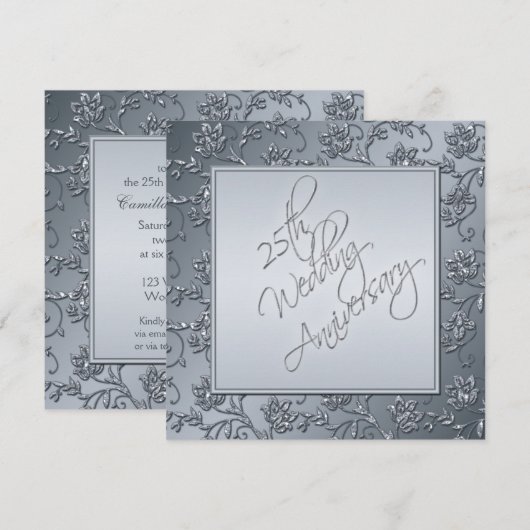 PRINTED Silver Glitter 25th Jubileum Invitation Kaart (Voorkant / Achterkant)