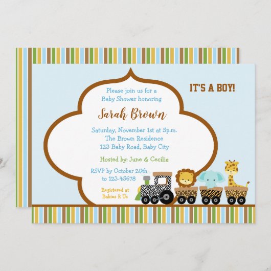 Prints van de dierenbaby Shower Invitations (Train Kaart (Voorkant / Achterkant)