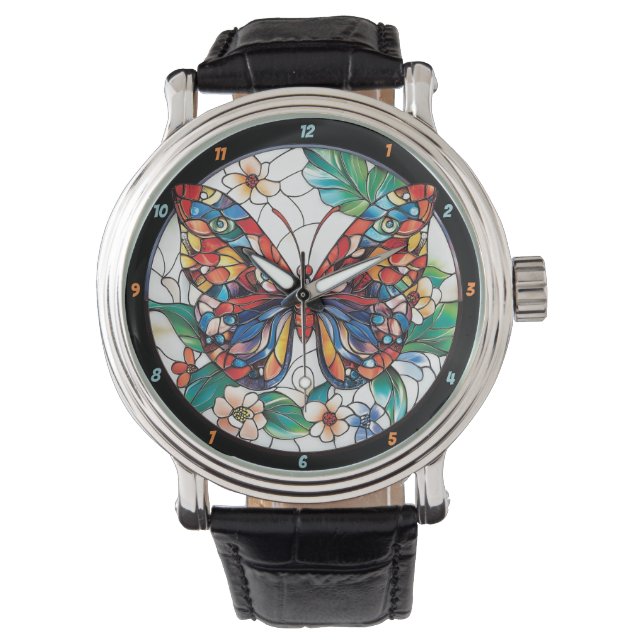 Prism of Nature" - Stained Glass Butterfly Horloge (Voorkant)