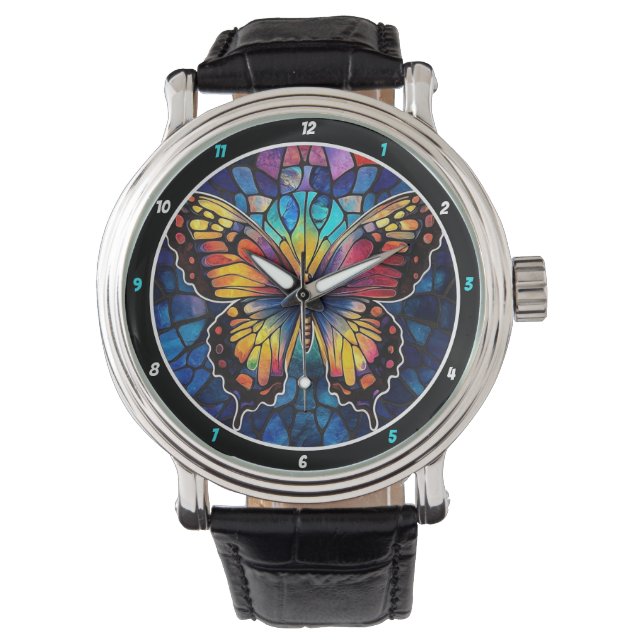 Prismatic Flight" - Stained Glass Butterfly  Horloge (Voorkant)