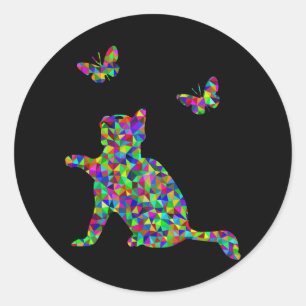 Prismatisch katje speelt met vlinders ronde sticker