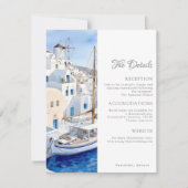 Pristine Blauw en Wit Santorini Bruiloft Details Notitiekaartje (Voorkant)