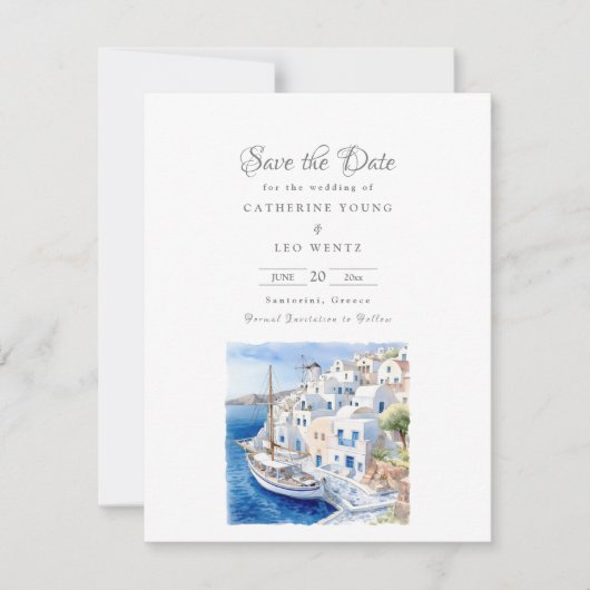 Pristine Blauw en Wit Santorini Save The Date (Voorkant)
