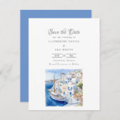 Pristine Blauw en Wit Santorini Save The Date (Voorkant / Achterkant)