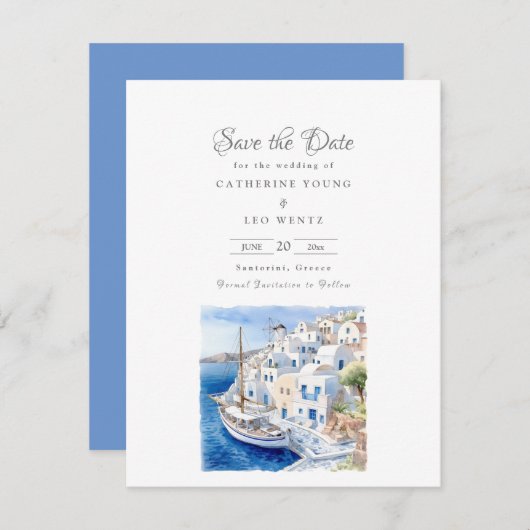 Pristine Blauw en Wit Santorini Save The Date (Voorkant / Achterkant)