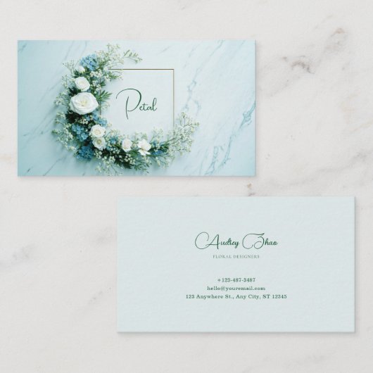 Pristine White Rose and Blue Floral Marble Visitekaartje (Voorkant / Achterkant)