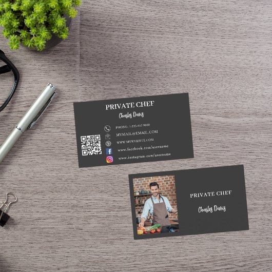 Private chef houtskool grijs foto catering QR code Visitekaartje