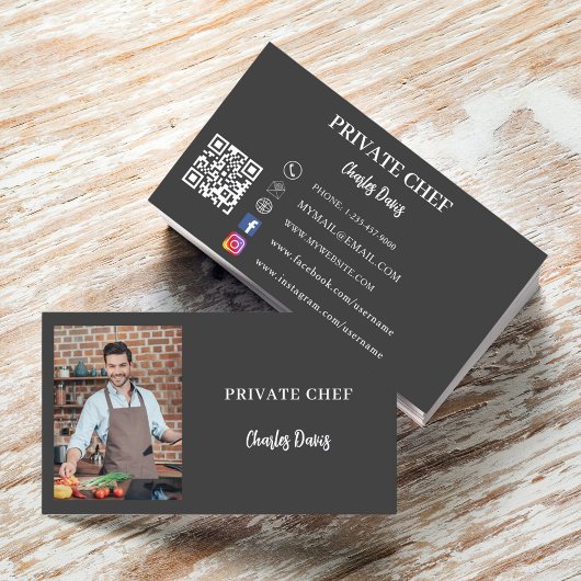 Private chef houtskool grijs foto catering QR code Visitekaartje
